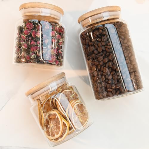 Custde Glass Jar with Lid, 28.7 FL oz Airtight Glass Storage Jar Glass Food Storage Containers for Kitchen Counter, Pantry, Decorative for Coffee, Sugar, Candy Jar Cute (Bamboo 28.7 FL OZ)