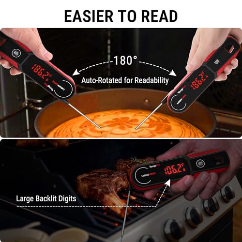 TempPro Lightning 1-Sec Instant Read Meat Thermometer, Kitchen Food Thermometer with 180° Rotating Display, IP67 Waterproof Cooking Thermometer for Deep Fry Smoker BBQ Grill (Previously ThermoPro) - color: Red