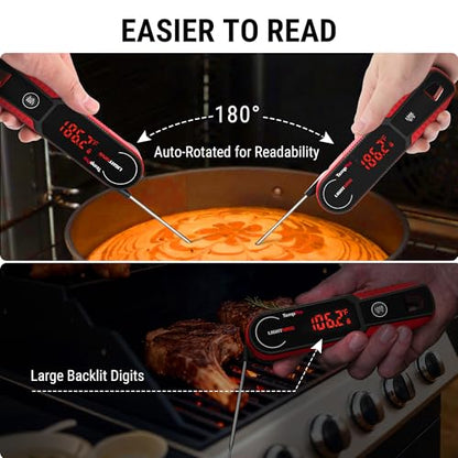 TempPro Lightning 1-Sec Instant Read Meat Thermometer, Kitchen Food Thermometer with 180° Rotating Display, IP67 Waterproof Cooking Thermometer for Deep Fry Smoker BBQ Grill (Previously ThermoPro) - color: Red