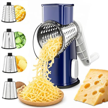 VEKAYA Rotary Cheese Grater Hand Crank with 4 Interchangeable Stainless Steel Blades, Large Manual Handle Shredder and Waffle Slicer for Vegetables, Cheese and Nuts with Table Suction Base(Blue) - color: Blue