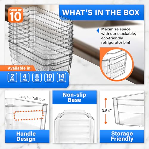 Lifemaster Multi-purpose Refrigerator Bins - 14 pieces Usable and Stackable Design Fridge Bin Organizer with Easy Grip Handles - Clear - size: 14 Pack