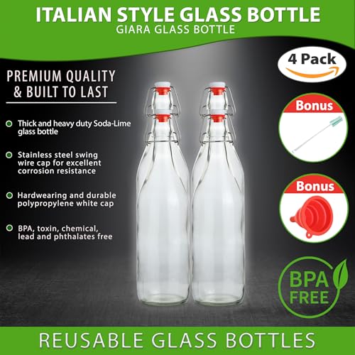 AYL Flip Top Glass Bottle [1 Liter / 33 fl. oz.] [Pack of 4] – Swing Brewing Bottle with Stopper for Beverages, Oil, Vinegar, Kombucha, Water, Soda, Kefir – Airtight Lid & Leak Proof Cap – Clear - size: 33