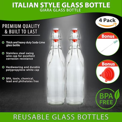 AYL Flip Top Glass Bottle [1 Liter / 33 fl. oz.] [Pack of 4] – Swing Brewing Bottle with Stopper for Beverages, Oil, Vinegar, Kombucha, Water, Soda, Kefir – Airtight Lid & Leak Proof Cap – Clear - size: 33