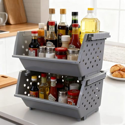 Stackable Storage Bins for Pantry Organizers and Storage 3 Pack, Pantry Storage Basket for Office, Garage, Kitchen and Home Organization (Grey)