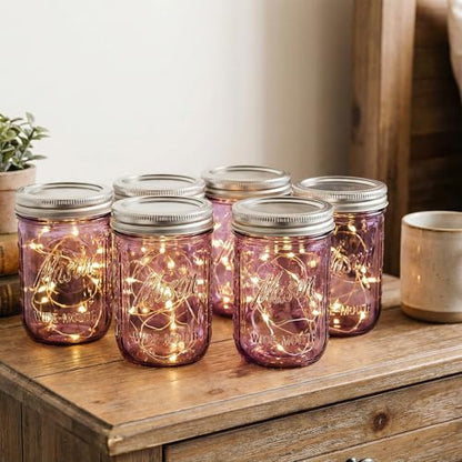 WELLIFE 6-Pack Mason Jars 16 oz with Lids – Purple Wide Mouth Glass Mason Jars, Airtight Leak-Proof Canning Jars for Food Storage, Fermenting, Pickling, Freezing, and Crafts - color: Pink Mason Jars 16oz-6Pcs