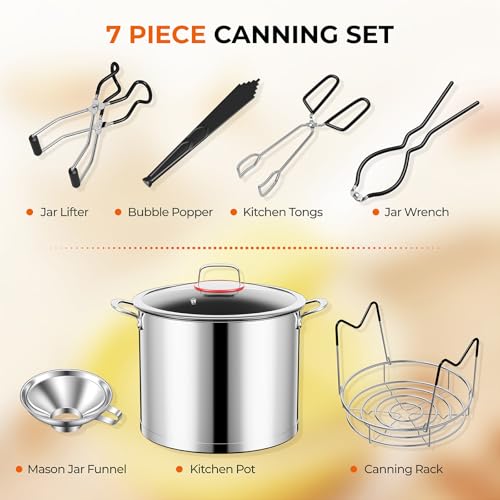 Pisol Canning Supplies Starter Kit with 21 Qt Canning Pot, Stainless Steel Canning Tool Set - Canning Rack, Wide Mouth Funnel, Pot, Lid Lifter, Tongs, Jar Wrench, Lid Lifter for Beginner, Black