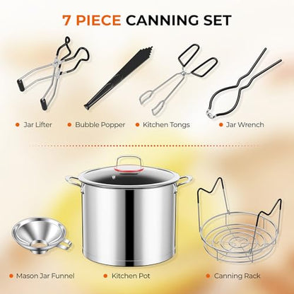 Pisol Canning Supplies Starter Kit with 21 Qt Canning Pot, Stainless Steel Canning Tool Set - Canning Rack, Wide Mouth Funnel, Pot, Lid Lifter, Tongs, Jar Wrench, Lid Lifter for Beginner, Black