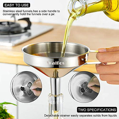 Stainless Steel Funnel, Walfos 3 Pack Kitchen Funnel with 2 Removable Strainer ＆ 1Pcs Cleaning Brush, Perfect for Transferring of Liquid, Oils, Jam, Dry Ingredients & Powder - color: 3pcs funnel 5.7+4.9+4.1 inch