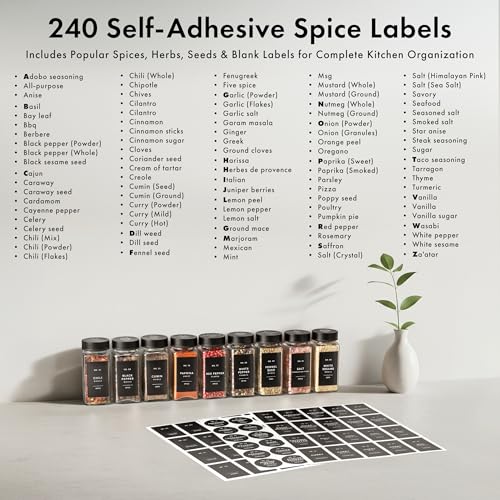 EDELHAUS Glass Spice Jars with Label, Seasoning Set, 24x Black Steel Lids | Airtight Lids keep spices fresh, Kitchen Spice Drawer Organizer, 4oz Seasoning Containers incl. Funnel, Brush & 240 Labels - color: Black Stainless Steel Lid