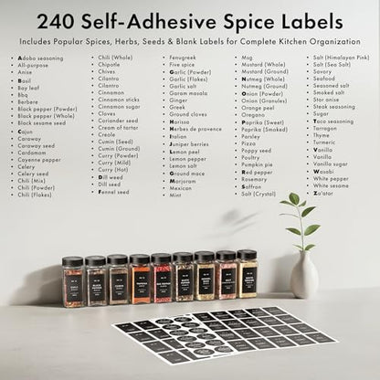 EDELHAUS Glass Spice Jars with Label, Seasoning Set, 36x Black Steel Lids | Airtight lids keep spices fresh; use as a spice organizer, seasoning containers or 4 oz jar set; funnel, brush & 240 labels - color: 36x Black Lid Jars