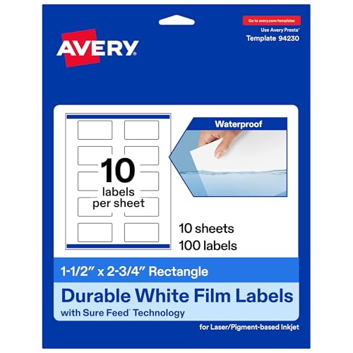 Avery Printable Durable White Rectangle Labels, Sure Feed Technology, 1.5" x 2.75", Print-to-the-Edge, Waterproof Labels, Laser & Pigment-Based Inkjet Compatible, 100 Total - style: 100 labels