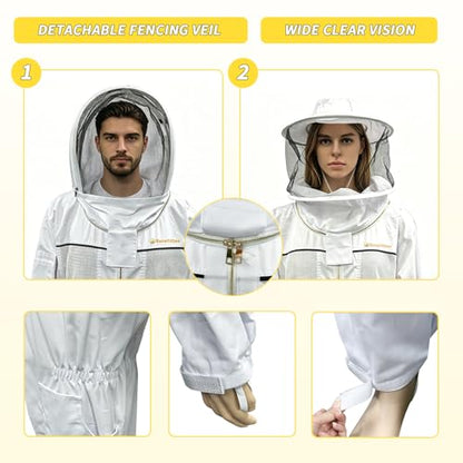 Professional 3 Layer Ventilated Beekeeping Suit Detachable Veil Magnetic Tool Clip Gloves for All Beekeepers - size: XXXXL