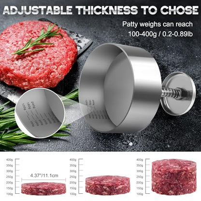 Burger Press, Adjustable Hamburger Prees Patty Maker 4.52" - Non-Stick Mold and Spring Button 304 Stainless Steel Burger Patty Press Making Patties for Beef, Vegetables, Meat, BBQ, Party Grill