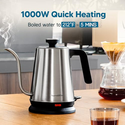 Nueve&Five Electric Gooseneck Kettle with Thermometer, 1.0L Pour Over Hot Water Kettle for Coffee and Tea, 1000W, Auto Shutoff, Boil-Dry Protection,Stainless Steel - color: Stainless Steel