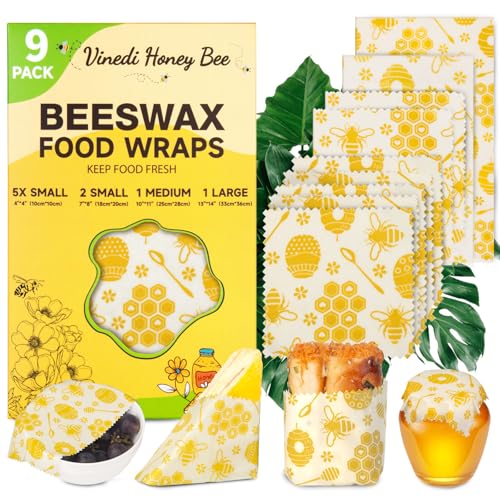 Reusable Beeswax Food Wraps, 9 Pack - Assorted Sizes (XS,S, M, L) | Organic Cotton, Eco Friendly, Plastic Free | Honeycomb Design (Orange) - color: Orange