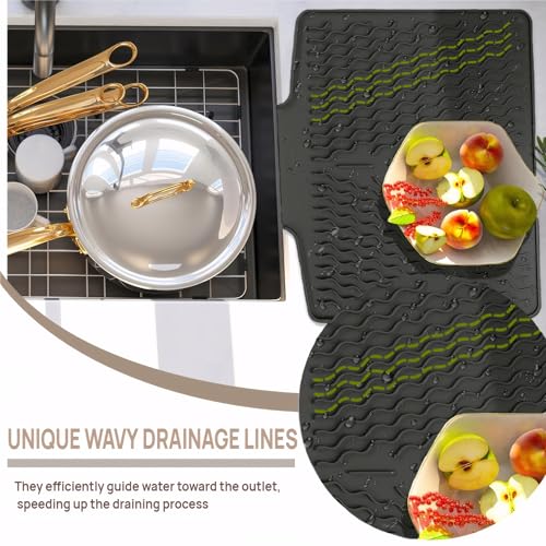 Dish Drying Mat with Drain, Silicone Mat for Kitchen Counter, Non-Slip Drainer Mat for Kitchen Sink, Countertop Dish Drying Rack, Heat Resistant Kitchen Accesories(Black, 15.6"x13") - color: Black