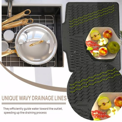 Dish Drying Mat with Drain, Silicone Mat for Kitchen Counter, Non-Slip Drainer Mat for Kitchen Sink, Countertop Dish Drying Rack, Heat Resistant Kitchen Accesories(Black, 15.6"x13") - color: Black