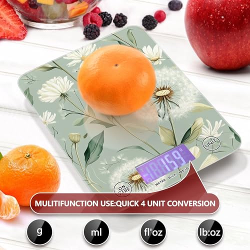 Sage Green Dandelion01 Food Scale Kitchen Digital Scale Food Ounces and Grams Dieting Baking Cooking Waterproof Glass Panels LCD Display,4 Units Tare Function - color: Sage Green Dandelion01