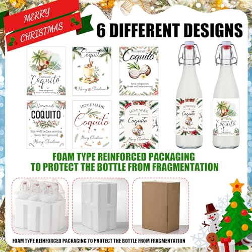 Sieral 6 Set Coquito Bottles 16 oz Christmas Swing Top Glass Bottles Christmas Flip Top Brewing Bottle for Vanilla Extract Homemade with Label Stickers Home Brewing Coquito Beverages Liqueur - color: Coquito