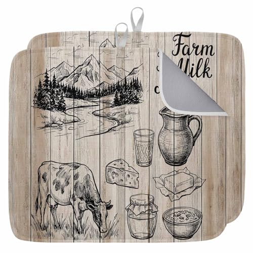 Farm Milk 2 Pack Dish Drying Mat for Kitchen Counter 18''x24'' Graffiti Cow Cartoon Cheese Gray Pastoral Landscape Retro Absorbent Dish Bowl Dishes Drainer Mat Reversible Drying Rack Pad for Coffee - color: Brown, size: 18"W x 24"L (Pack of 2)