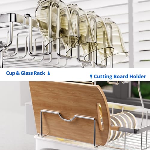 Godboat 2-Tier Dish Drying Rack - 304 Stainless Steel Dish Rack Auto Drain | Dish Racks for Kitchen Counter, Dish Drainer with Knife Fork & Cup Rack, Gifts for Women, Mothers Day, Kitchen Gadget, Silver - size: X-Large (2-Tier/Silver)