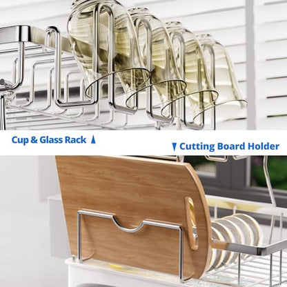 Godboat 2-Tier Dish Drying Rack - 304 Stainless Steel Dish Rack Auto Drain | Dish Racks for Kitchen Counter, Dish Drainer with Knife Fork & Cup Rack, Gifts for Women, Mothers Day, Kitchen Gadget, Silver - size: X-Large (2-Tier/Silver)