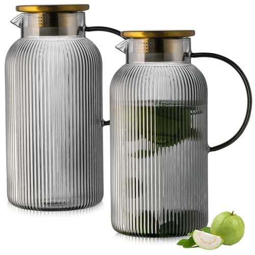 Buaic 2 PACK Glass Pitcher with Lid, 68 oz/ 2 Liter Gray Classic Vertical Stripes Water Pitcher,Glass Water Carafe for Cold Brew, Coffee, Lemonade, Iced Tea,Beverage, Heat Resistant Water Glass Jug - color: Gray, size: 2L-2 PACK