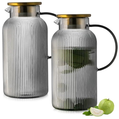 Buaic 2 PACK Glass Pitcher with Lid, 68 oz/ 2 Liter Gray Classic Vertical Stripes Water Pitcher,Glass Water Carafe for Cold Brew, Coffee, Lemonade, Iced Tea,Beverage, Heat Resistant Water Glass Jug - color: Gray, size: 2L-2 PACK