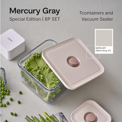 VAKUEN Premium Airtight Food Storage Container. Special Edition Mercury Color 8P/Set. 7pcs Container and Vacuum Sealer. Patented Double Silicone Lining, 100% Leak Proof, BPA-FREE