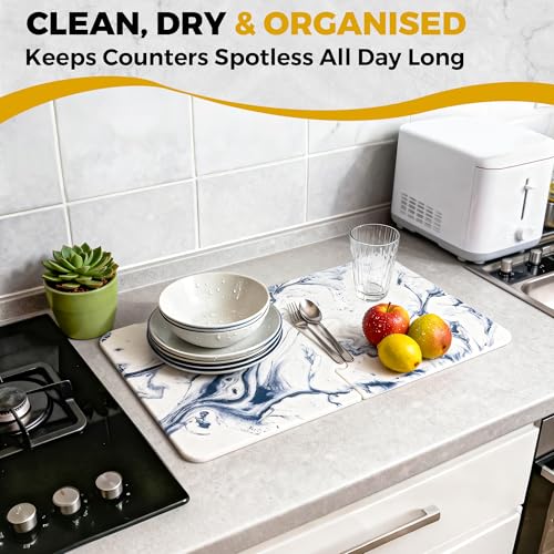 Stone Dish Drying Mat for Kitchen Counter, Large 24" x 16" Quick Drying Diatomaceous Earth 2-Panel Countertop Mat, Heat-Resistant Kitchen Stone Drying Mat