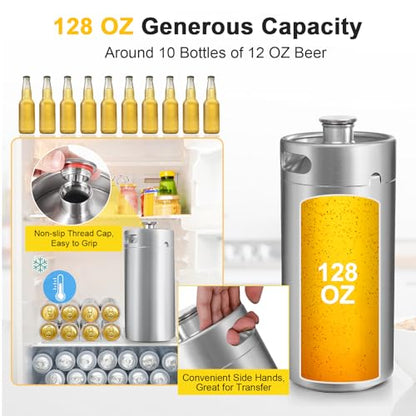 Mini Keg Growler, 128OZ Stainless Steel Mini Keg, Portable Mini Kegerator Beer Keg Growler with Beer Hose & Seal knob Cover, Pressurized Growler Mini Beer Growler for Homebrew Party Picnic - color: Silvey