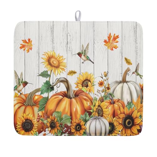 Fall Sunflower Maple Leaves Dish Drying Mat for Kitchen Counter Autumn Harvest Pumpkin Dish Drying Mat 16”x18” Thanksgiving Dishes Pad Dish Drainer Rack Mats Absorbent Fast Dry Kitchen Accessories - color: Autumn Harvest Pumpkin style, size: 16" x 18"