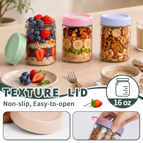 16 oz Mason Jars, Overnight Oats Containers with Lids for Yogurt, Glass Jar with Lid, Parfait Cups with Airtight Lids, Glass Jars for Overnight Oats, Storage, Food, Chia, Pudding, 6 Pack - color: Pastel Harmony