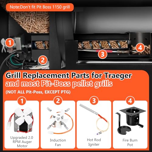Upgraded 2.0 RPM Auger Motor, Fire Burn Pot and Hot Rod Ignitor, Grill Induction Fan for Traeger and Pit Boss Pellet Grill, Fire Pot Replacement for Traeger Parts Replacement, with Ash Remover, Screws - size: Fire Burn Pot + Ignitor + Motor + Fan