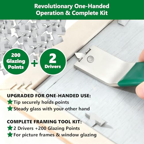 Magnetic Glazier Driver Push Tool (2-Pack) for Picture Frame Hardware with 200pcs Glazing Points | Kit for Window Glass Framing Backing Clips