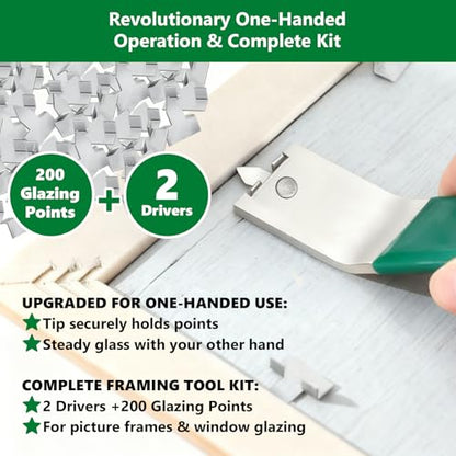 Magnetic Glazier Driver Push Tool (2-Pack) for Picture Frame Hardware with 200pcs Glazing Points | Kit for Window Glass Framing Backing Clips