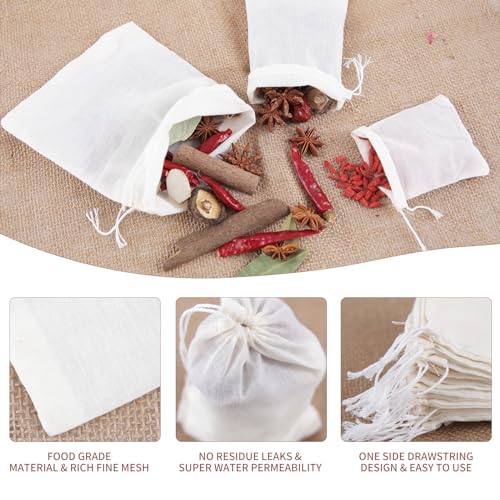 50pcs Spice Bags for Cooking Soup,3x4 In Natural Muslin Drawstring Bag, Reusable Tea Bags for Loose Tea, Small Cheese Cloth Cotton Bag for Straining, Unbleached Cheesecloth Herb Sachet Bag - size: 50pcs-3*4in
