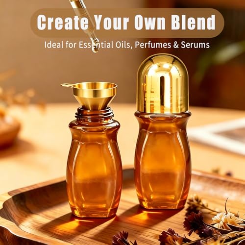 Rose Quartz Roller Bottles for Essential Oils, 50ml Refillable Waist Amber Glass Roll On Bottles with Natural Crystal Roller Balls, Leak-Proof Travel Perfume Bottle with Gold Caps - size: 1 Pack