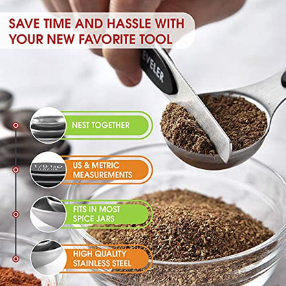 Spring Chef Stainless Steel Magnetic Measuring Spoons Set of 8 with Leveler, Dual Sided Metal Teaspoon & Tablespoon Measuring Spoons, Nesting Kitchen Gadgets for Baking & Cooking - 2 Pack - Black - color: Black, size: 2-Pack