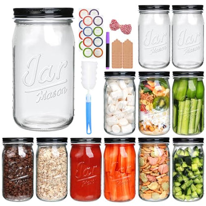 QAPPDA Wide Mouth Mason Jars 32 oz 12 Pack, Large Glass Jars Canning Jar with Lids for Pickling, Storage Food, Meal Prep, Jams, and Spices - size: 32oz - Jar Lettering