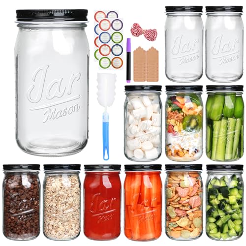 QAPPDA Wide Mouth Mason Jars 32 oz 12 Pack, Large Glass Jars Canning Jar with Lids for Pickling, Storage Food, Meal Prep, Jams, and Spices - size: 32oz - Jar Lettering