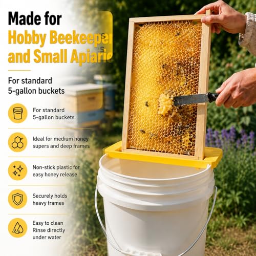 XICHENGSHIDAI Honey Uncapping Holder for 5 Gallon Bucket, Frame Rest | Supports a honey frame over a standard 5-gallon bucket; grooved scraper edge directs wax cappings and honey into the bucket.