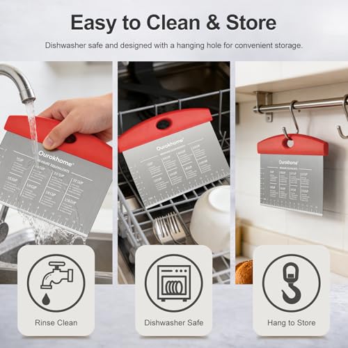 Ourokhome 2 Pack Bench Scraper Dough Cutter, Stainless Steel Dough Scraper with Laser-Etched Scale, Conversion Chart, Non-Slip Handle, Dishwasher Safe for Bread & Pastry, Red - color: Red