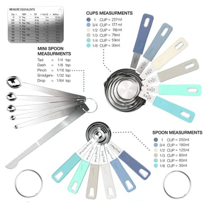 CuttleLab 22-Piece Stainless Steel Measuring Cups and Spoons Set, Tad Dash Pinch Smidgen Drop Mini Measuring Spoons, Measuring Stick Leveler, Measurement Conversion Chart Fridge Magnet, (Farmhouse) - color: Farmhouse