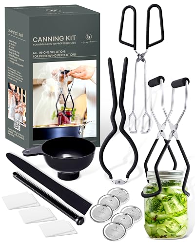 Canning Supplies Starter Kit for Beginners, Complete Canning Kit Set with Jar Lifter, Funnel, Wrench, Tongs, Bubble Popper, Magnetic Lid Lifter, Labels & Lids