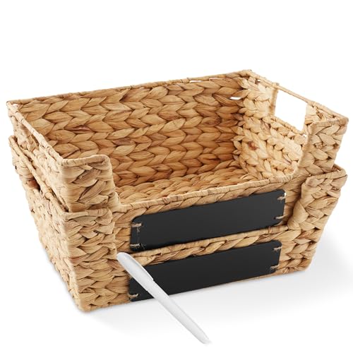 Casafield Set of 2 Water Hyacinth Pantry Baskets with Handles, Chalkboard Labels, and Marker - Natural, Wide Woven Storage Bin Organizers for Kitchen Shelves - color: Natural - Hyacinth