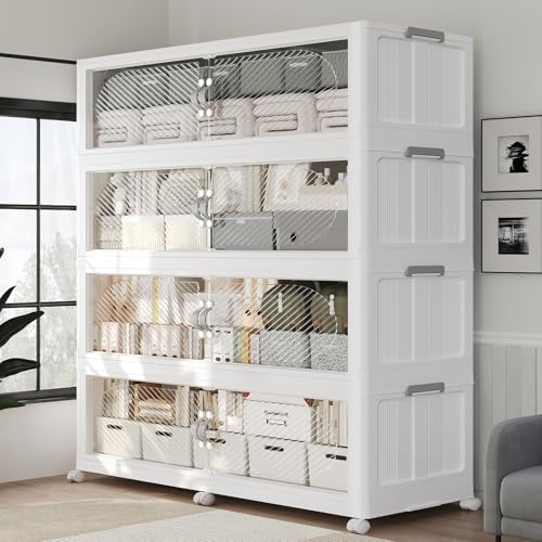 320Gal/1280QT 4-Tiers Extra Large Stackable Storage Bins with Lid, Collapsible Cabinet Closet Organizer Plastic Container Box with Wheels Doors Drawers for Office Dorm Kitchen, White - color: White, size: 80Gal-4Pack