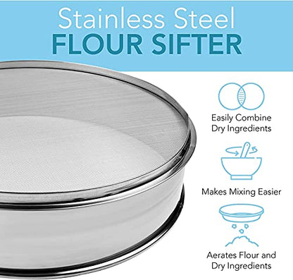Vollum Stainless Steel Flour Sifter Fine Mesh Round Flour Sieve for Baking 12" Diameter x 2.5" High; 20 Mesh (Hole Size 0.85mm) - size: 12" Dia. x 2.5" High