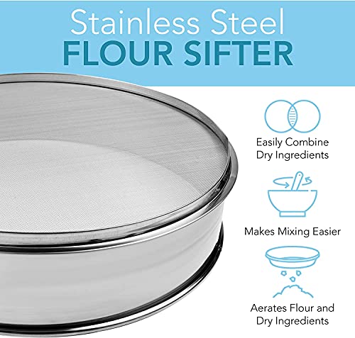 Vollum Stainless Steel Flour Sifter Fine Mesh Round Flour Sieve for Baking 12" Diameter x 2.5" High; 30 Mesh (Hole Size 0.6mm) - size: 12" Dia. x 2.5" High