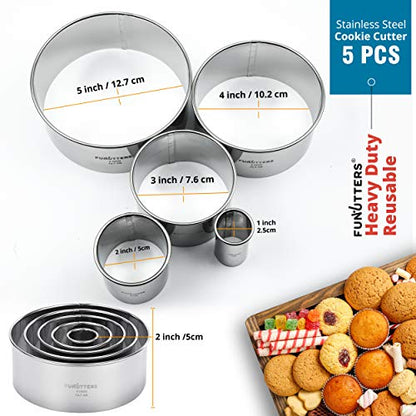 Cookie Cutter Set, 5 Pc. Kit, Measuring 1'', 2'', 3'', 4'' and 5'', Round Metal Baking Rings for Pastry, Biscuits, and Dough Cutting, Heavy Duty and Reusable, Multiple Sizes - size: 1 2 3 4 5 Inch x 2 Inch